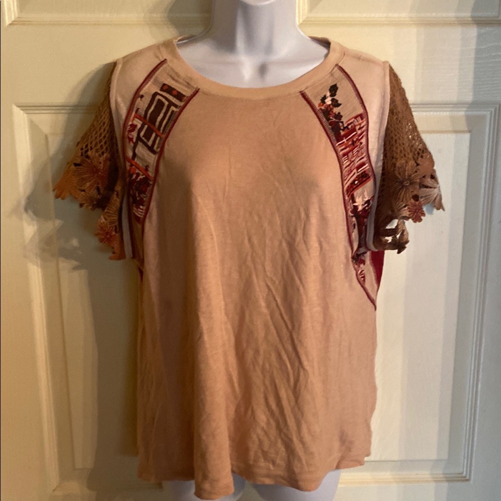 Free People Pink and Red Boxy Short Sleeve T-Shirt